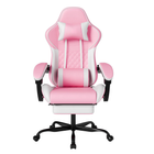 Pink and white ergonomic gaming chair with extended footrest and chrome base