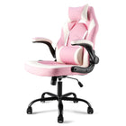 Pink and white ergonomic gaming chair with extended footrest and chrome base