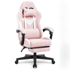 Pink and white ergonomic gaming chair with extended footrest and chrome base