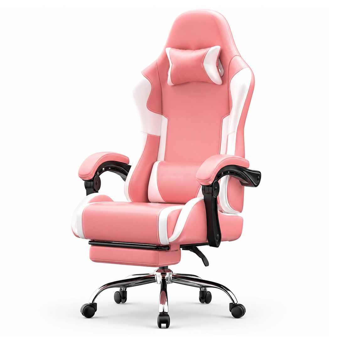 Pink and white ergonomic gaming chair with extended footrest and chrome base