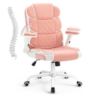 Pink and white ergonomic gaming chair with extended footrest and chrome base
