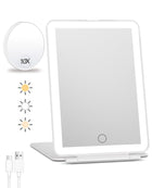 Pink LED makeup mirror with 1X/10X magnification for precise beauty application