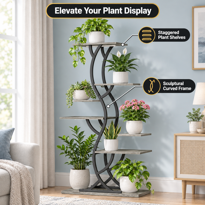 Dimension diagram of a multi-tier plant stand showing overall size and shelf layout