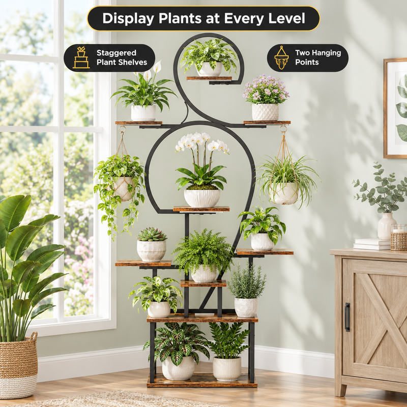 Close-up graphic showing the plant stand frame - coated finish and shelf surface details