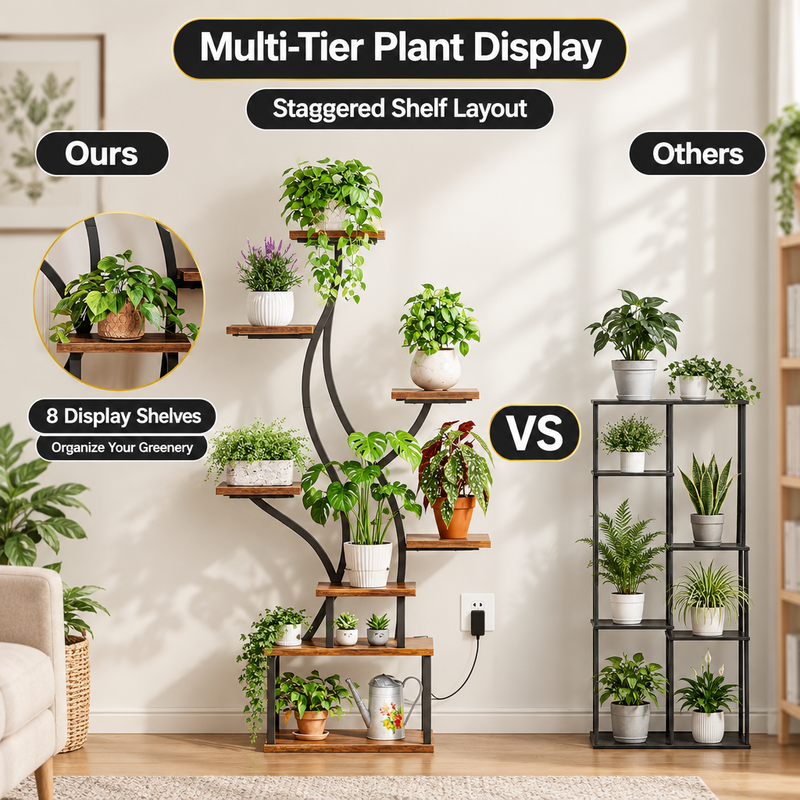 Close-up graphic showing the plant stand frame - coated finish and shelf surface details