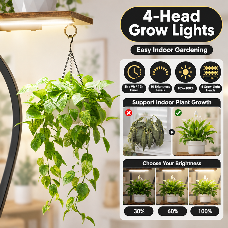 Grow light feature graphic showing cord length - timer settings and adjustable dimming