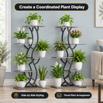 Multi-tier plant stand holding potted plants in a living room