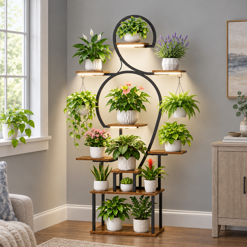 Plant stand with grow lights illuminating multiple tiers of potted plants beside a window