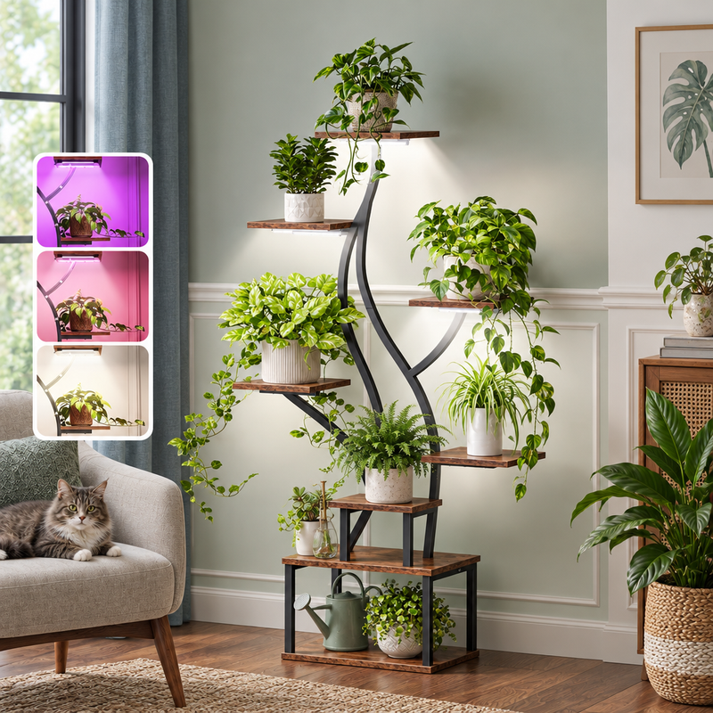 Plant stand with grow lights illuminating multiple tiers of potted plants beside a window