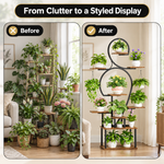 Woman tending plants on a multi-tier plant stand with grow lights