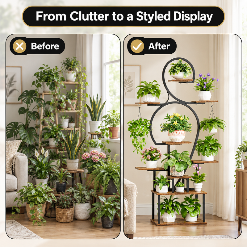 Woman tending plants on a multi-tier plant stand with grow lights