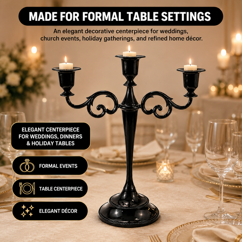 Gold five-arm candelabra graphic highlighting the polished finish beaded cup rim and metal base