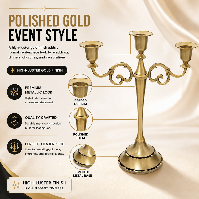 Gold five-arm candelabra graphic highlighting the polished finish beaded cup rim and metal base