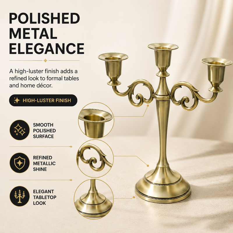 Gold five-arm candelabra graphic highlighting the polished finish beaded cup rim and metal base