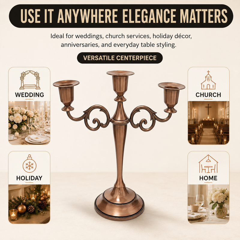 Gold five-arm candelabra graphic highlighting the polished finish beaded cup rim and metal base