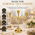 Gold five-arm candelabra graphic highlighting the polished finish beaded cup rim and metal base