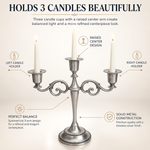 Gold five-arm candelabra graphic highlighting the polished finish beaded cup rim and metal base