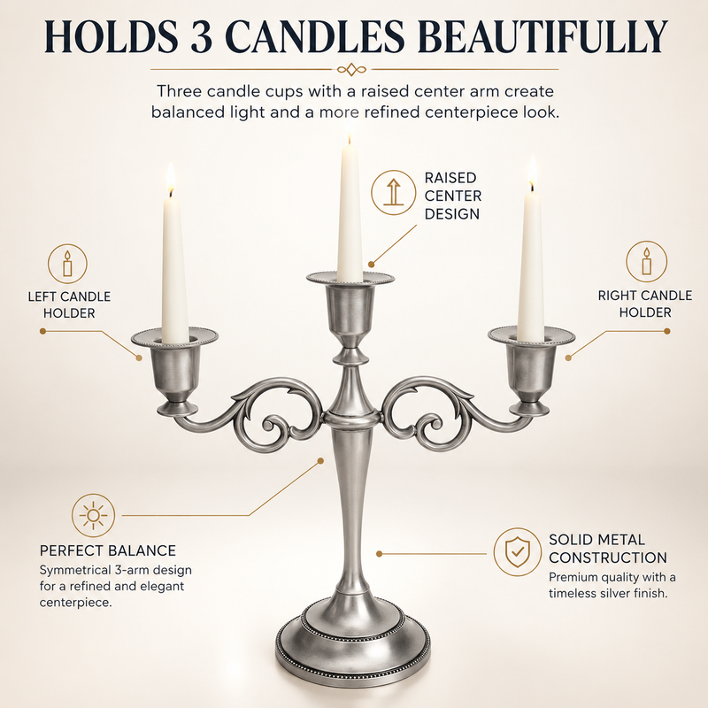 Gold five-arm candelabra graphic highlighting the polished finish beaded cup rim and metal base