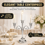 Gold five-arm candelabra graphic highlighting the polished finish beaded cup rim and metal base