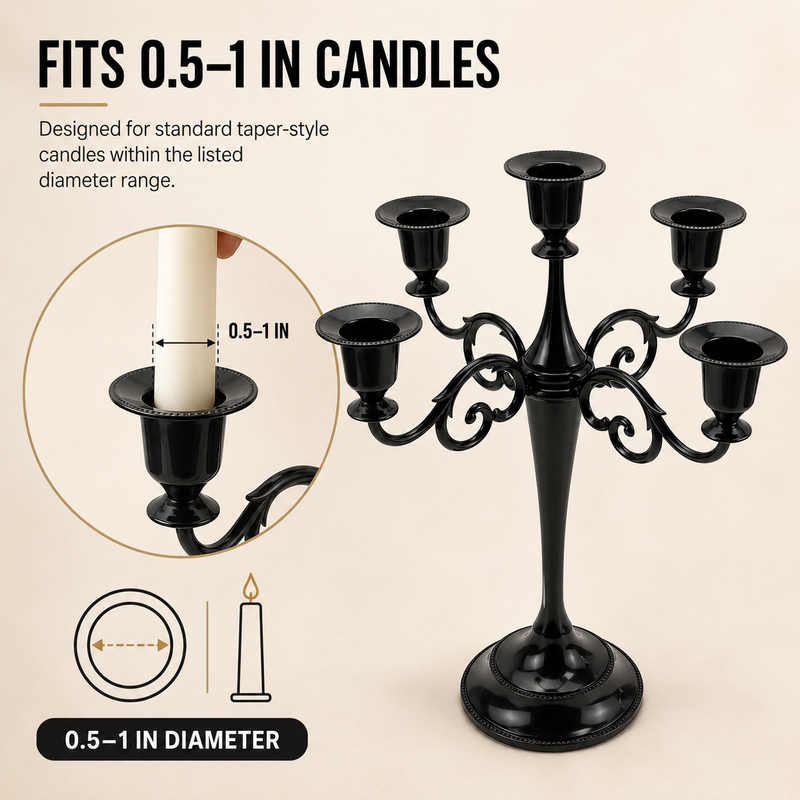 Gold five-arm candelabra graphic highlighting the polished finish beaded cup rim and metal base