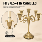 Gold five-arm candelabra graphic highlighting the polished finish beaded cup rim and metal base