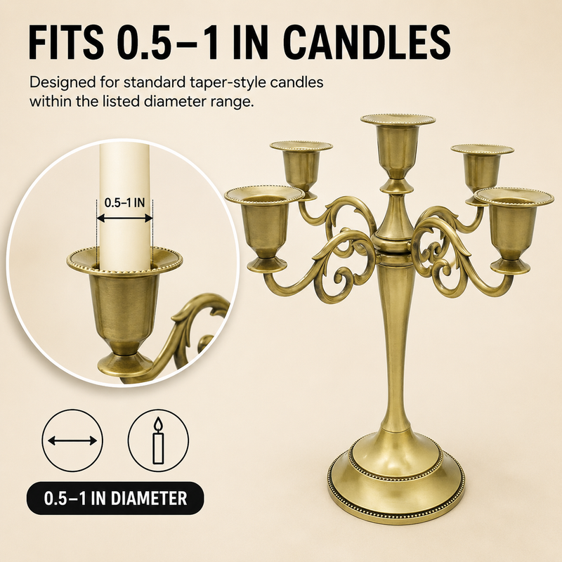 Gold five-arm candelabra graphic highlighting the polished finish beaded cup rim and metal base