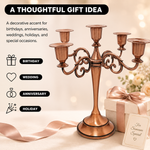 Gold five-arm candelabra graphic highlighting the polished finish beaded cup rim and metal base
