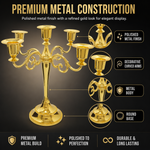 Gold five-arm candelabra graphic highlighting the polished finish beaded cup rim and metal base