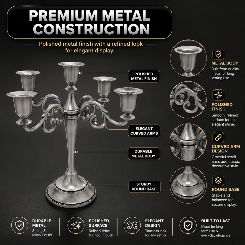 Gold five-arm candelabra graphic highlighting the polished finish beaded cup rim and metal base
