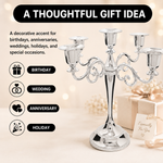 Gold five-arm candelabra graphic highlighting the polished finish beaded cup rim and metal base