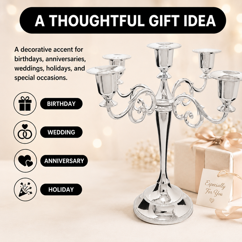 Gold five-arm candelabra graphic highlighting the polished finish beaded cup rim and metal base