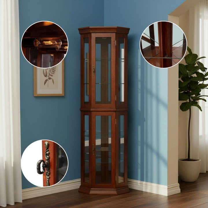 Corner Curio Cabinet with Lights, Adjustable Tempered Glass Shelves, Mirrored Back, Display Cabinet,Walnut (E26 light bulb not included)