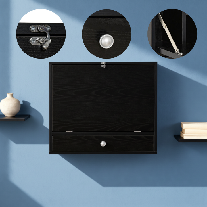 HOMCOM Wall Mounted Desk Black Floating with Storage Shelves Foldable Tabletop Space Saving Design