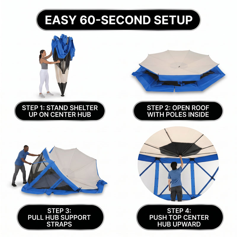 Person setting up the brown pop-up gazebo in a few quick steps for fast assembly