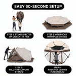 Person setting up the brown pop-up gazebo in a few quick steps for fast assembly