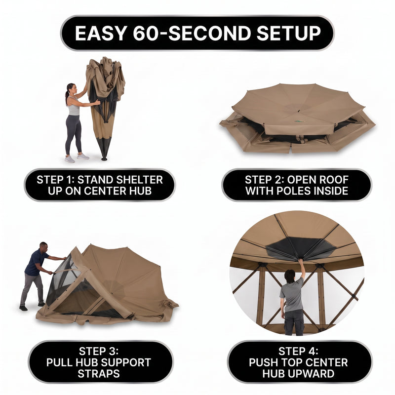 Person setting up the brown pop-up gazebo in a few quick steps for fast assembly