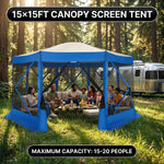 Brown pop-up screen gazebo at a campsite and in a forest with a group of people seated inside