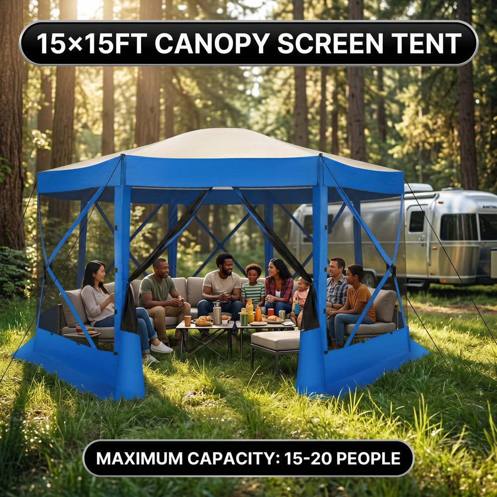 Brown pop-up screen gazebo at a campsite and in a forest with a group of people seated inside