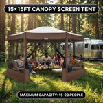 Brown pop-up screen gazebo at a campsite and in a forest with a group of people seated inside