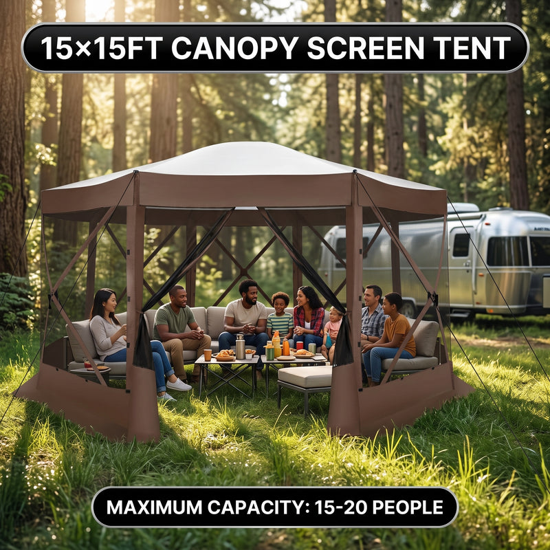 Brown pop-up screen gazebo at a campsite and in a forest with a group of people seated inside