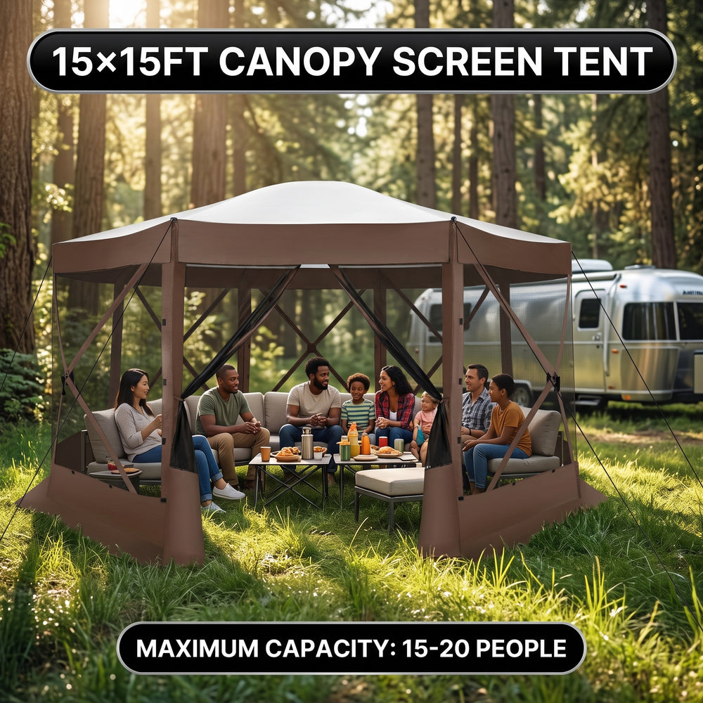 Brown pop-up screen gazebo at a campsite and in a forest with a group of people seated inside