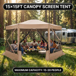 Brown pop-up screen gazebo at a campsite and in a forest with a group of people seated inside