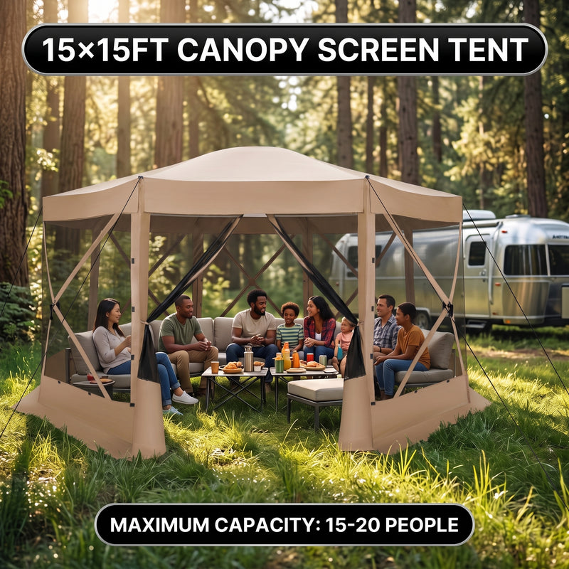 Brown pop-up screen gazebo at a campsite and in a forest with a group of people seated inside