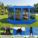 Included accessories showing ropes stakes and a carrying bag with the gazebo set up in a garden