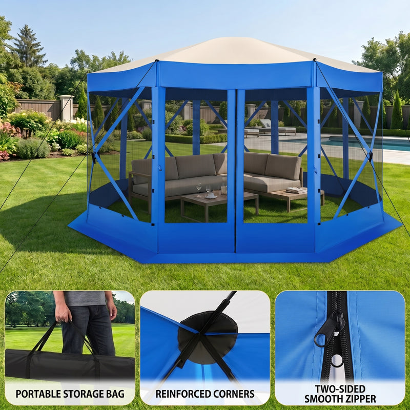 Included accessories showing ropes stakes and a carrying bag with the gazebo set up in a garden