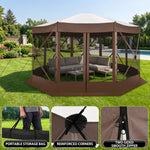 Included accessories showing ropes stakes and a carrying bag with the gazebo set up in a garden