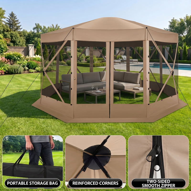 Included accessories showing ropes stakes and a carrying bag with the gazebo set up in a garden