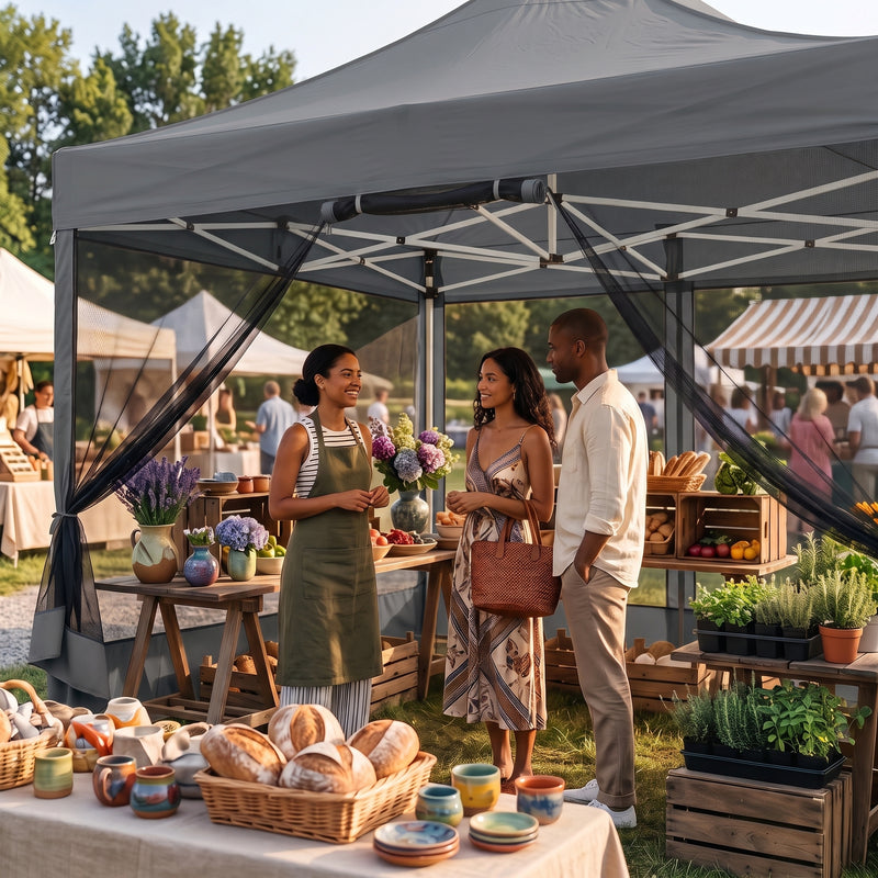 People gathered under a khaki pop-up gazebo canopy at an outdoor garden party with tables of food and flowers