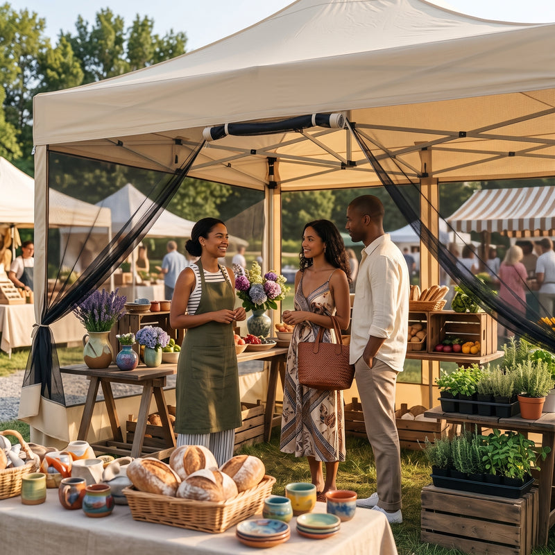 People gathered under a khaki pop-up gazebo canopy at an outdoor garden party with tables of food and flowers