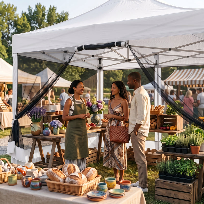 People gathered under a khaki pop-up gazebo canopy at an outdoor garden party with tables of food and flowers